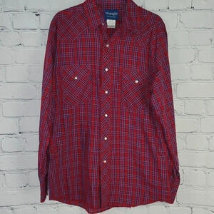 Vintage Wrangler Western Medium Red Plaid Pearl Snap Long Sleeve Shirt Size M
